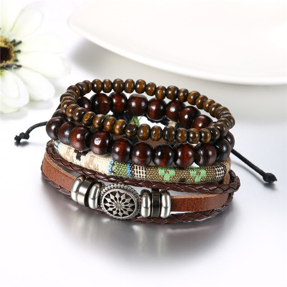 Street Wear Fashion Wooden Beaded Black Brown Leather Bracelets