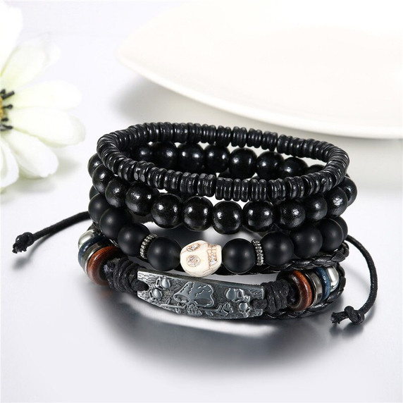 Street Wear Fashion Wooden Beaded Black Brown Leather Bracelets