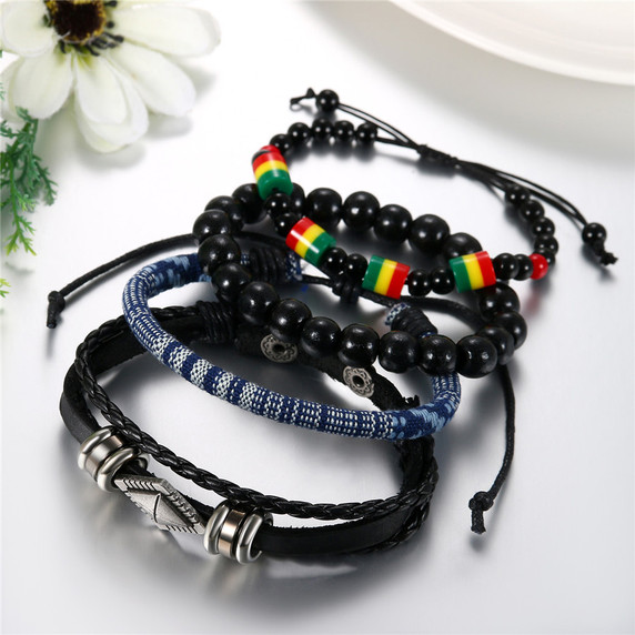 Street Wear Fashion Wooden Beaded Black Brown Leather Bracelets