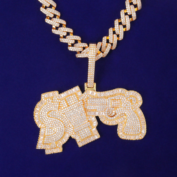 18k Gold White Gold Money Power Respect Gun Plug Dollar Sign Hip Hop Chain Pendant