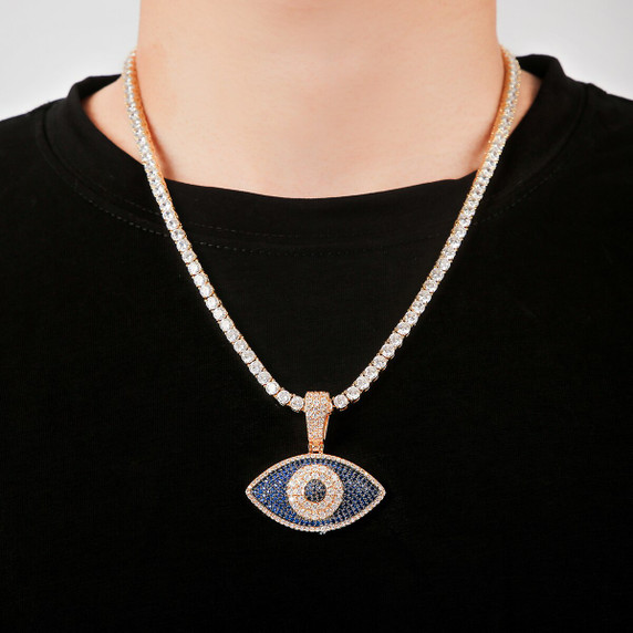 3A True Micro Pave Flooded Ice All Seeing Eye Hip Hop Pendant Chain Necklace