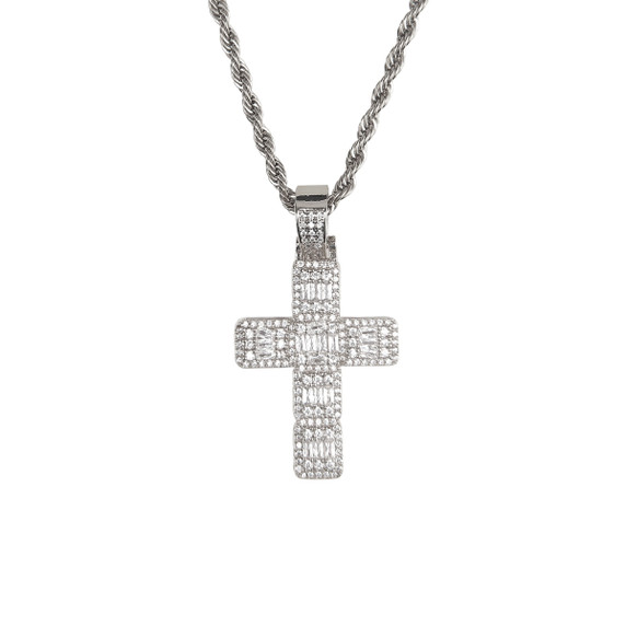 5A Thick Cut Flooded Ice Baguette Cross Bling Hip Hop Pendant Chain Necklace