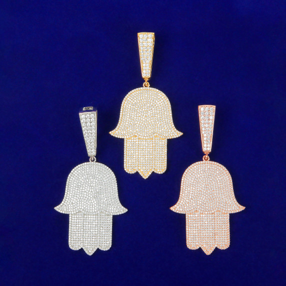 Star Studded 5A Simulate Diamond Large Hamsa Hand Hip Hop Pendant Chain Necklace