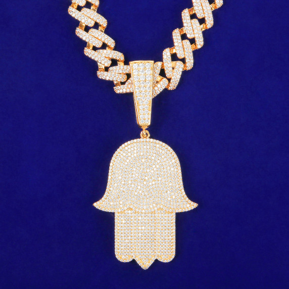 Star Studded 5A Simulate Diamond Large Hamsa Hand Hip Hop Pendant Chain Necklace