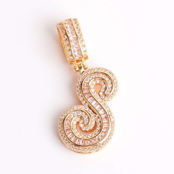 White Yellow Gold Iced Cursive Initial Letter Baguette Street Wear Pendant Chain Necklace