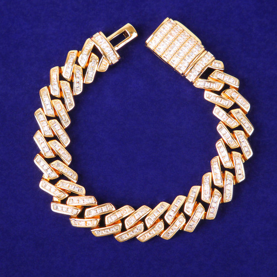 Hip Hop 24k Yellow 14k White Gold 11MM Baguette Chain Bracelet Jewelry Set