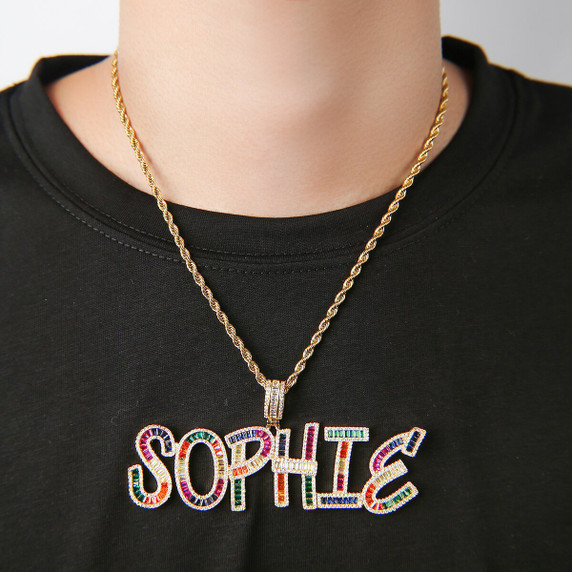 Flooded Ice Candy Colored Baguette Custom Name Plate Hip Hop Pendant Chain Necklace