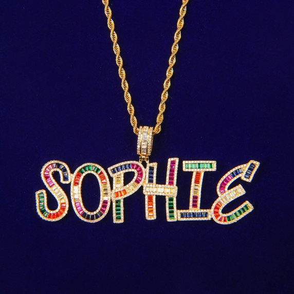 Flooded Ice Candy Colored Baguette Custom Name Plate Hip Hop Pendant Chain Necklace