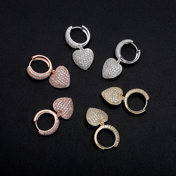 Ladies 5A Micro Pave Huggie Style Bling Bling Heart Earrings