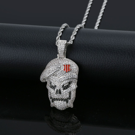 Flooded Ice Skull White Gold Black Ops Hip Hop Pendant Chain Necklace