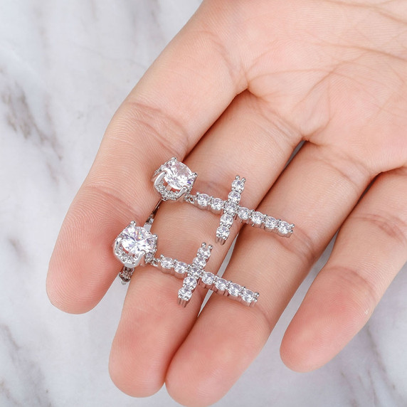 Ladies High Quality Ladies 14k White Yellow Gold Center Stone Bling Cross Drop Earrings