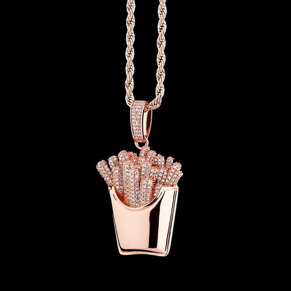 Flooded Ice Full Paved White Yellow Rose Gold Hip Hop French Fries Box Bling Pendant