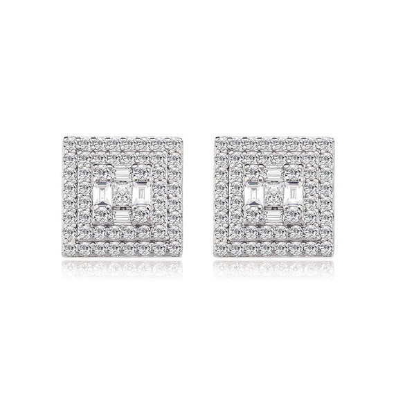 Iced Baguette .925 Solid Sterling Silver Hip Hop Square Cut Earrings