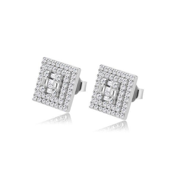 Iced Baguette .925 Solid Sterling Silver Hip Hop Square Cut Earrings