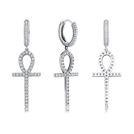 925 Sterling Silver over 14k Gold Original Ankh Cross Huggie Style Bling Earrings 