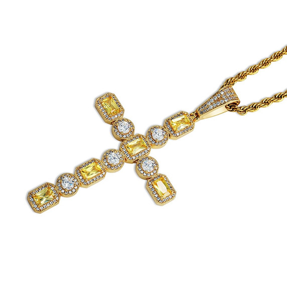 5A Solitaire Canary Stone Flooded Ice Cross Hip Hop Pendant Chain Necklace