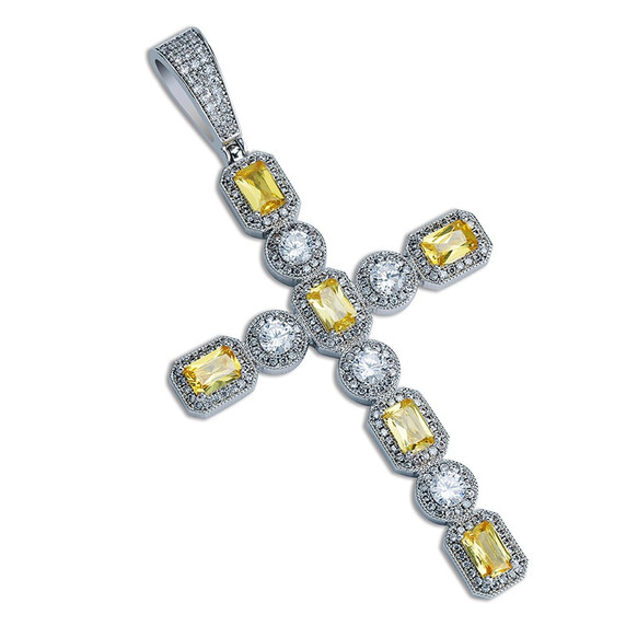 5A Solitaire Canary Stone Flooded Ice Cross Hip Hop Pendant Chain Necklace