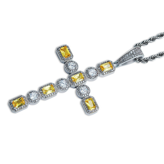 5A Solitaire Canary Stone Flooded Ice Cross Hip Hop Pendant Chain Necklace