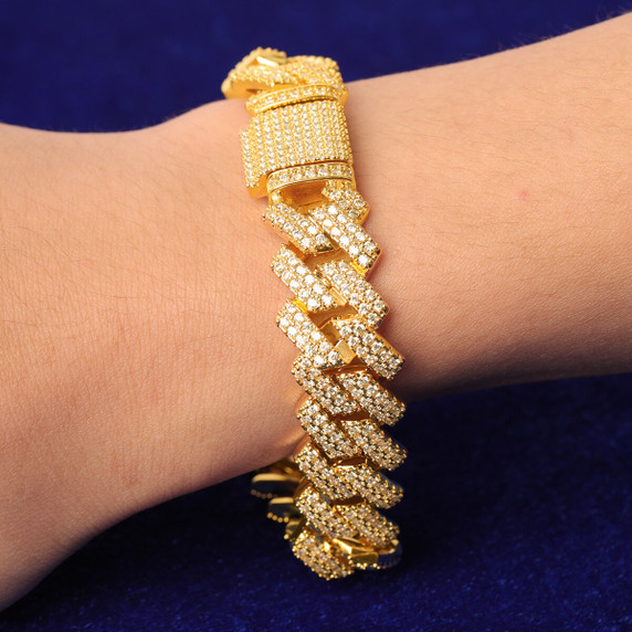 24k Yellow 14k White Gold Close Cut Cluster Stone Miami Cuban Link Hip Hop Bracelet
