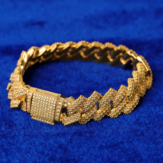 24k Yellow 14k White Gold Close Cut Cluster Stone Miami Cuban Link Hip Hop Bracelet 