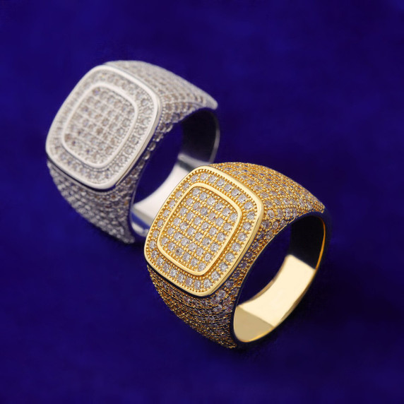 24k Yellow 14k White Gold Flooded Ice Double Square Hip Hop Rings
