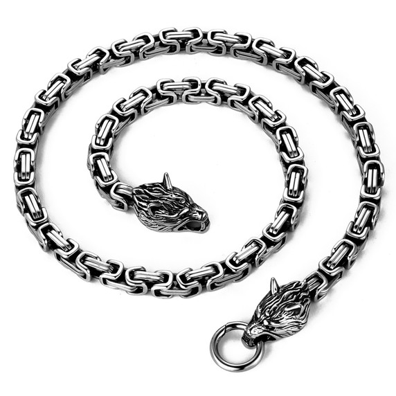 Mens Double Wolf Head Byzanite Born To Dominate Stainless Steel Chain Necklace