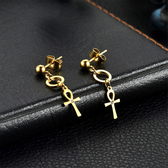Dangle Ankh Cross Ancient African Black Silver 14k Gold over Stainless Steel Unisex Earrings