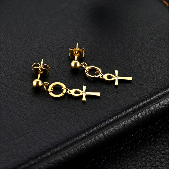 Dangle Ankh Cross Ancient African Black Silver 14k Gold over Stainless Steel Unisex Earrings