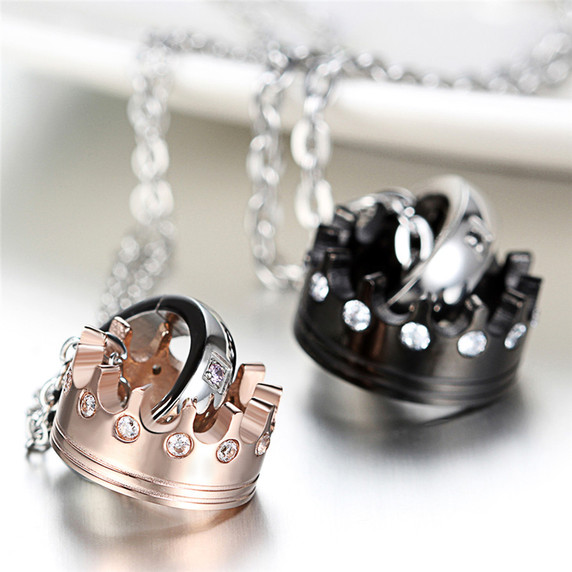 King Queen Couples Lovers Bling Stainless Steel Crown Ring Chain Necklace