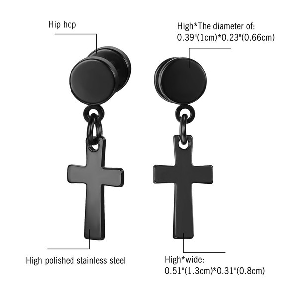 Silver Black over Solid No Tarnish Stainless Steel Cross Screw Back Dangle Earrings