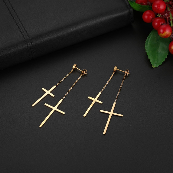 14k Gold Silver over Solid Stainless Steel Dangle Double Cross High Fashion Earrings