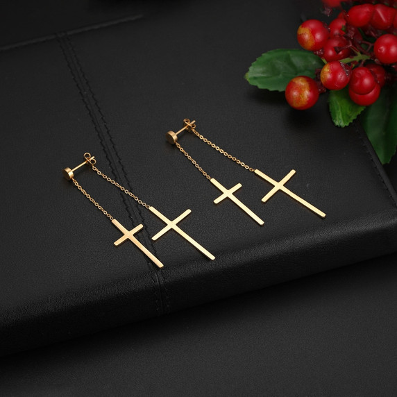 14k Gold Silver over Solid Stainless Steel Dangle Double Cross High Fashion Earrings