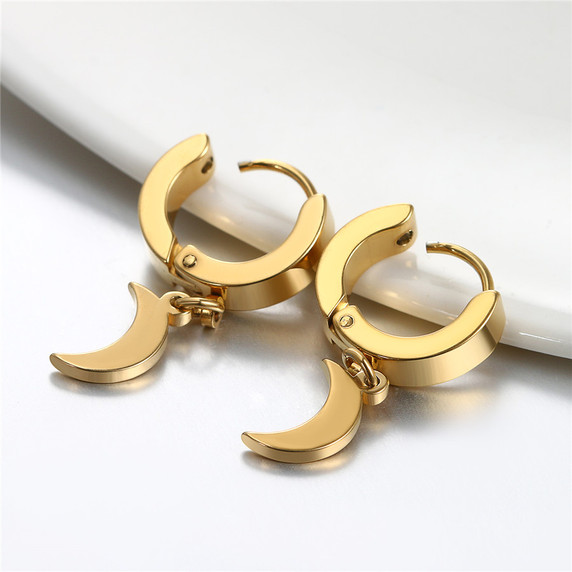 Gold Black Silver Huggie Style Crescent Moon Stainless Steel Circle Hoop Earrings