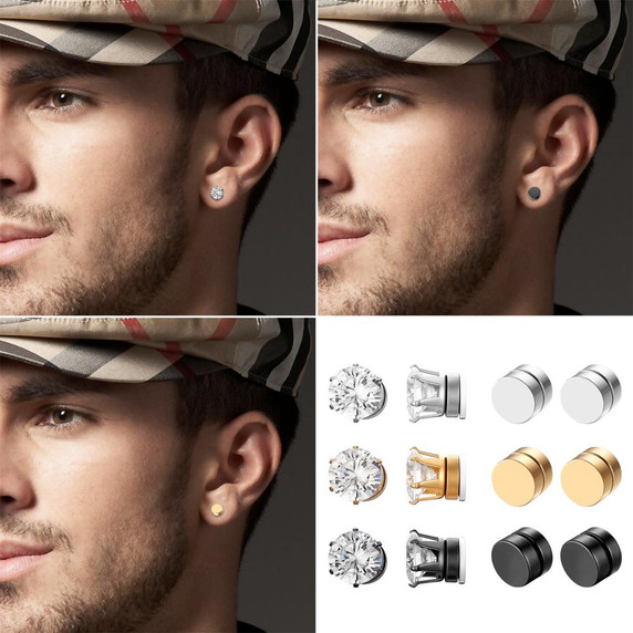 Non Piercing Magnet Magnetic Stainless Steel Bling Round Stud Earrings