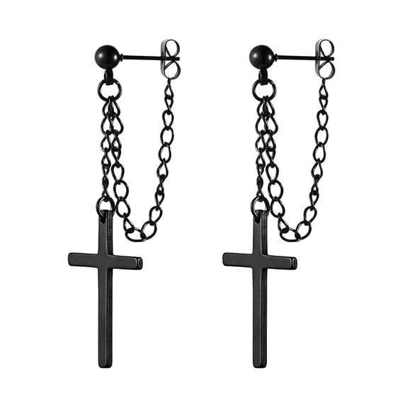 Retro Dangling Stud Cross Gold Black Silver Stainless Steel Chain Earrings