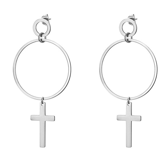 14k Gold Silver Over Stainless Steel Classic Drop Jesus Cross Earrings