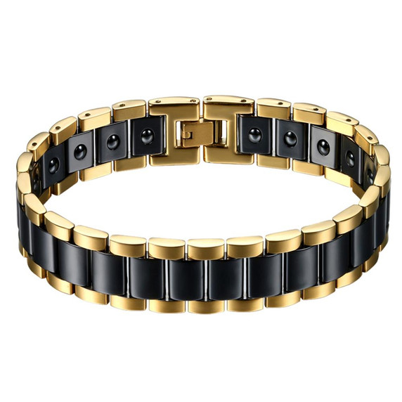 Black Gold White Ceramic Magnet Therapy Stainless Steel Mens Bracelets