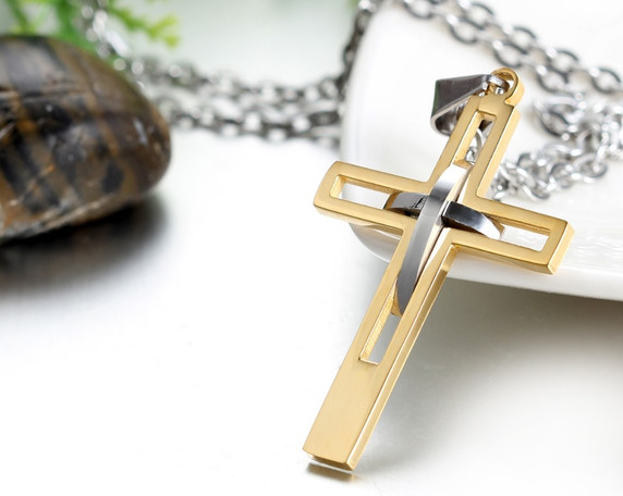 Retro Stainless Steel Gold Black Blue Silver Christian Cross Pendant Chain Necklace 