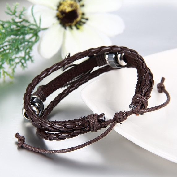 Handmade Genuine Leather Fish Hook Adjustable Casual Mens Bracelets