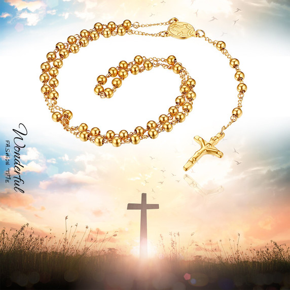 Vintage Look Classic Style Stainless Steel No Fade Rosary Beads Jesus Christ Crucifix Cross Pendant