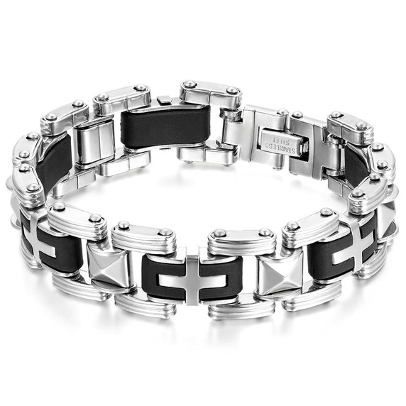 Mens Black Silver 8.5 Inch Stainless Steel Motorcycle Chain Cross Bracelets