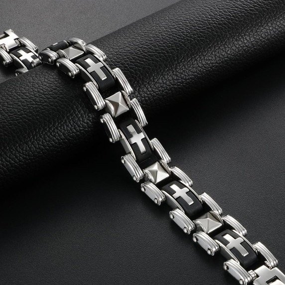 Mens Black Silver 8.5 Inch Stainless Steel Motorcycle Chain Cross Bracelets