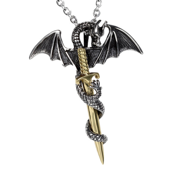 Vintage No Fade Tarnish Dragon Sword Titanium Stainless Steel Pendant Chain Necklace