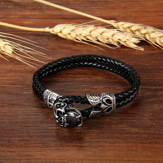 Vintage Retro Style Double Layer Black Leather Stainless Steel Skull Bracelet