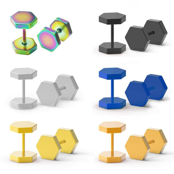 High Fashion Octagon Dumbbell Gold Silver Blue Black over Stainless Steel Street Wear Earrings 