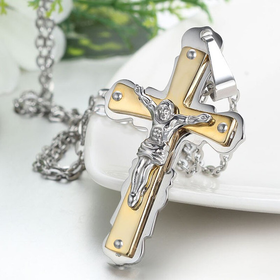 Mens Vintage Jesus Crucifix No Fade Stainless Steel Bling Pendant Chain Necklace