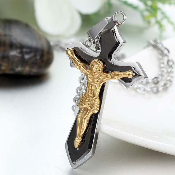 Mens Vintage Jesus Crucifix No Fade Stainless Steel Bling Pendant Chain Necklace