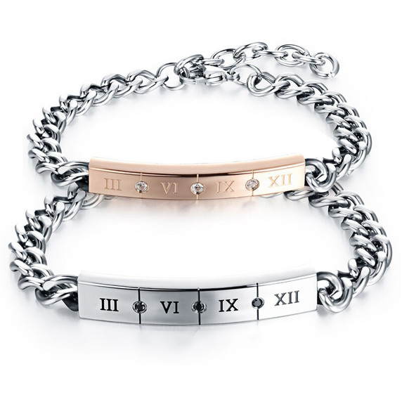 Couples Lovers Roman Numeral 3,6,9,12 Bling ID Style No Fade Stainless Steel Bracelets