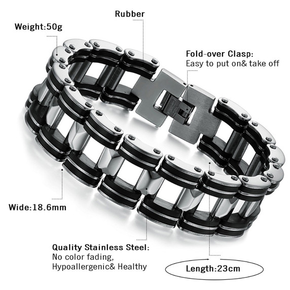 18mm Street Wear Fashion Motorcycle Chain Stainless Steel Silicone No Fade Mens Bracelets 