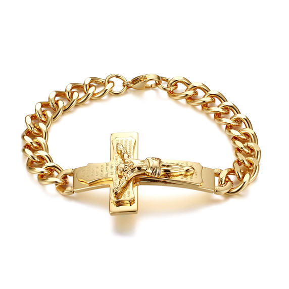 Mens Gold over Stainless Steel Cross Jesus Crucifix Casual Spiritual Bracelet 
